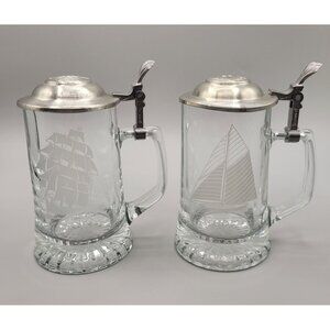 Old Spice Beer Steins Tankards Glass Etched Ships Nautical West Germany Set of 2